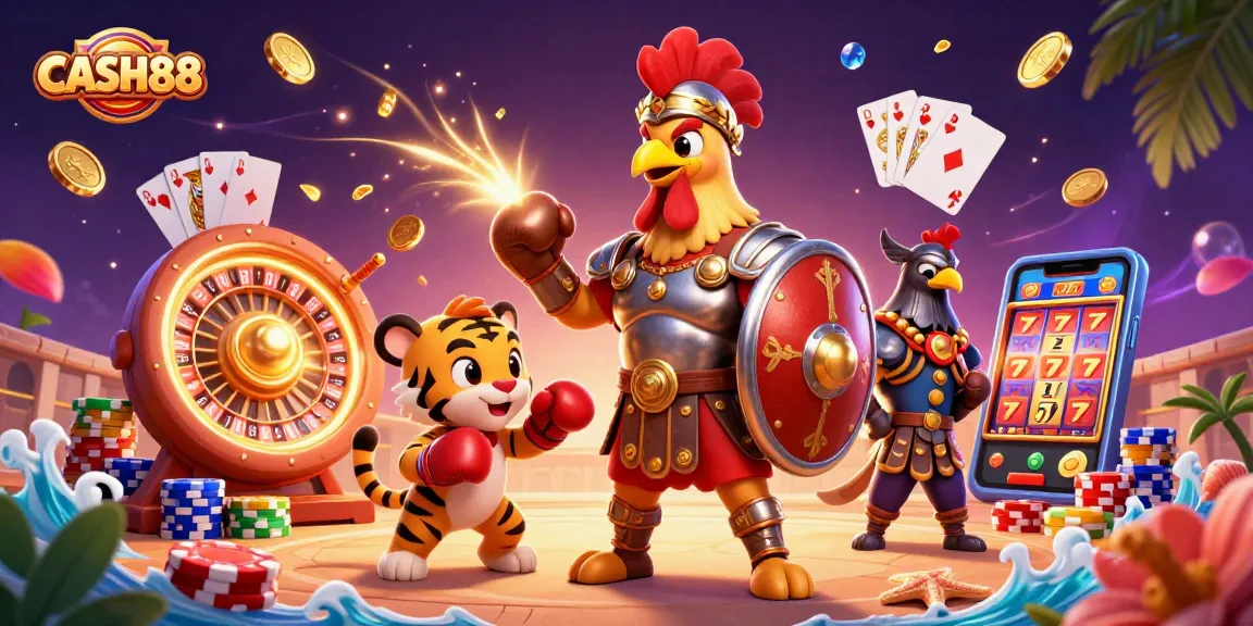 CASH88 invites players to experience dynamic casino action with a vibrant illustration of a gladiator rooster, tiger cub, and eagle around casino elements.