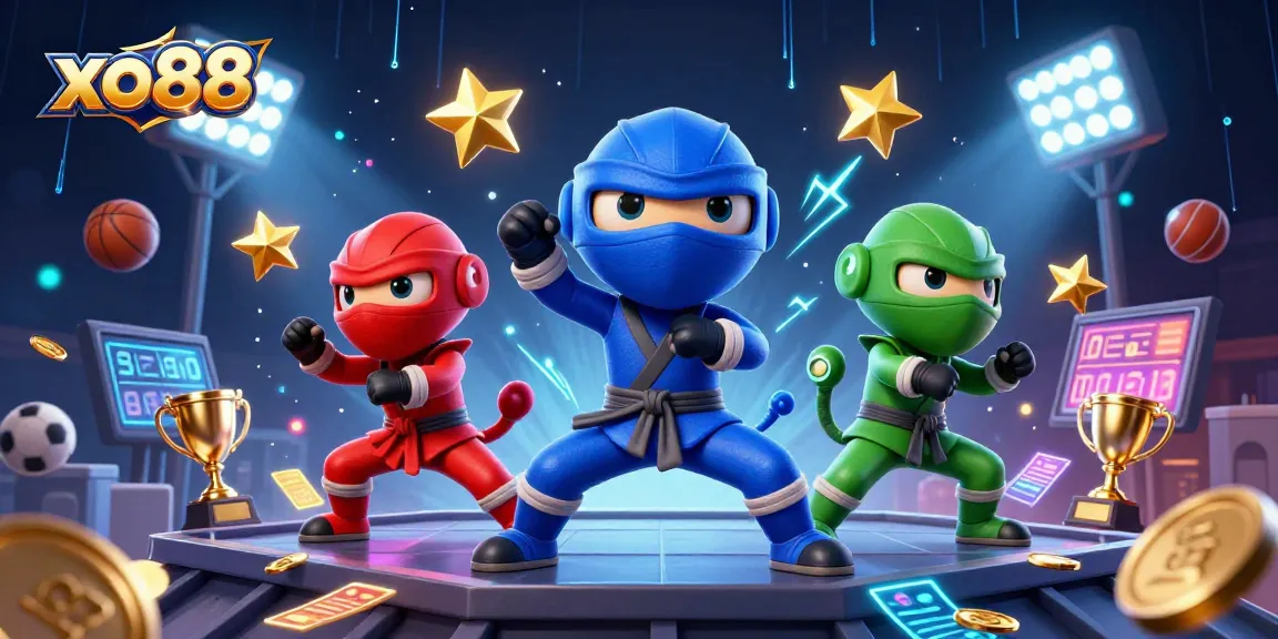 Action-packed scene of xo88 with ninja chameleons, sports elements, and dynamic casino vibes.