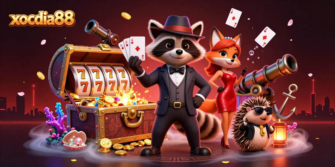 xocdia88 showcases a lively casino scene with charming characters, vibrant games, and thrilling action.