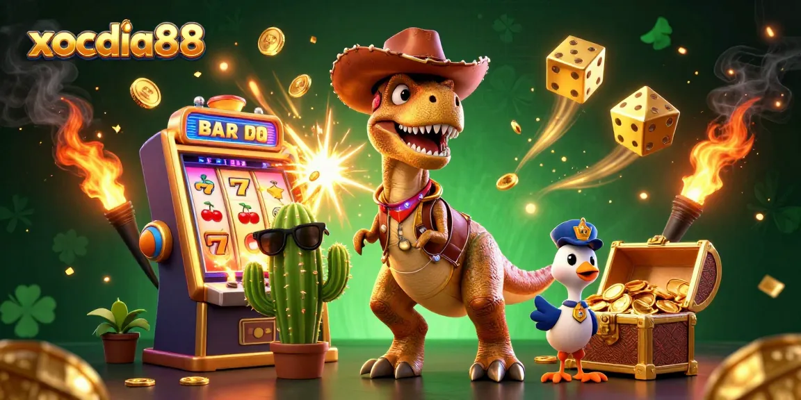 Xocdia88 sparks excitement with a cartoon T-Rex cowboy and friends beside a jackpot slot machine bursting coins.