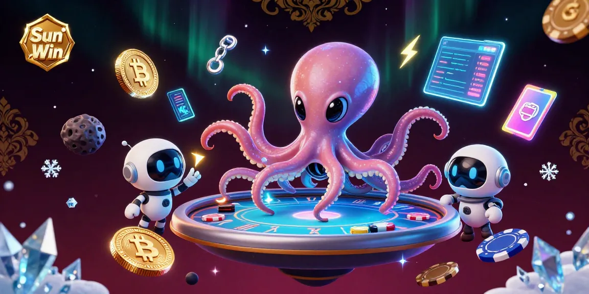 Engage in thrilling gameplay with Sun Win as a cartoon octopus navigates a holographic poker table.