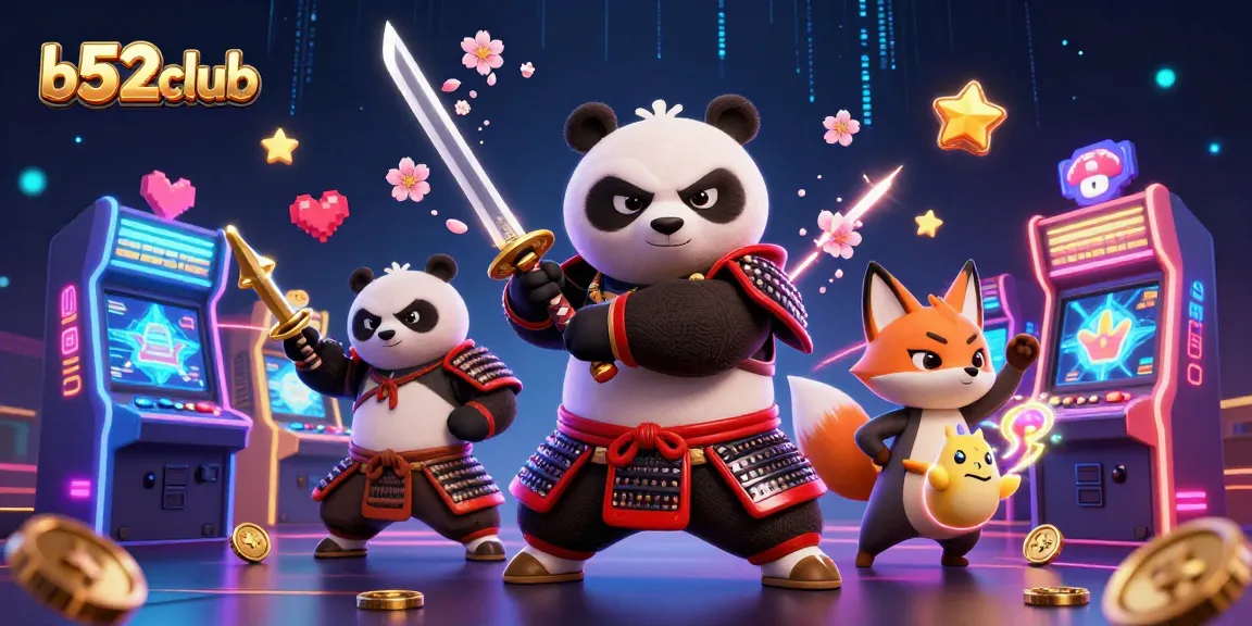 b52club invites players to win with a vibrant 3D cartoon scene of samurai panda and ninja fox in dynamic casino action