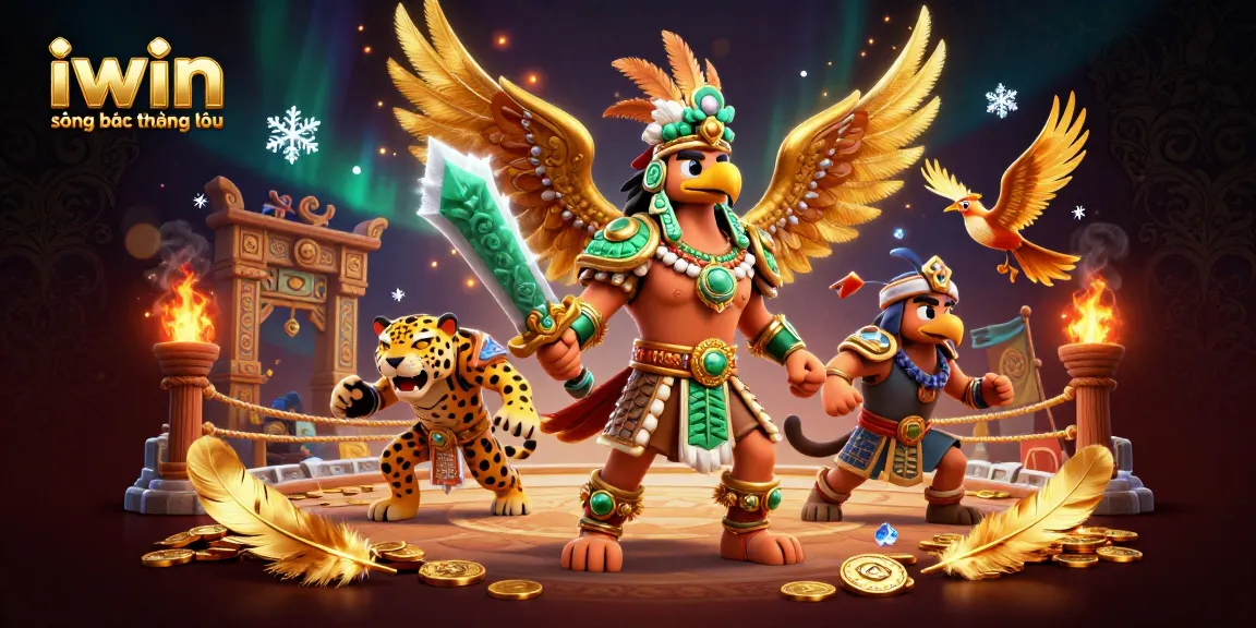 Experience iwin sòng bạc thượng lưu with vibrant 3D illustration of warriors in a gambling arena filled with gold coins.