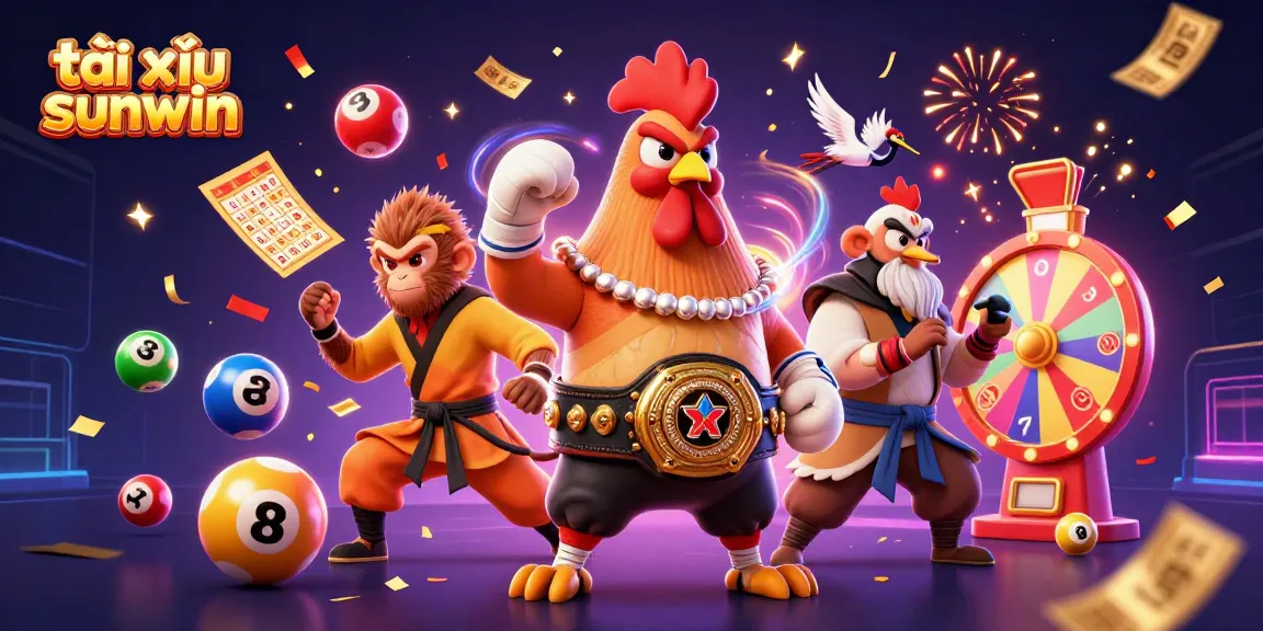Tài xỉu sunwin gameplay featuring festive 3D illustration with vibrant elements and dynamic characters in action