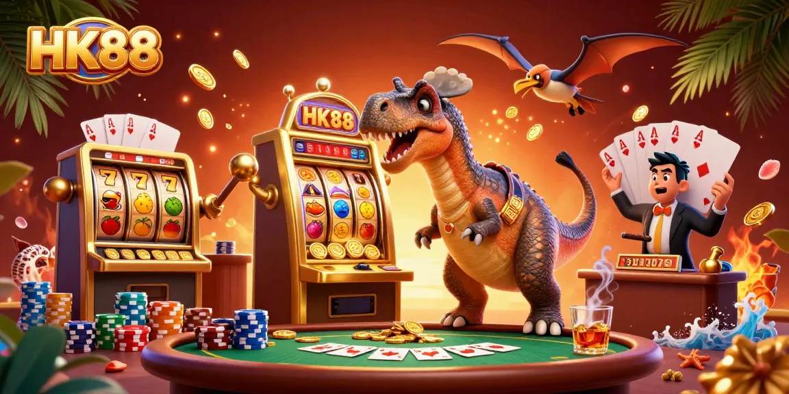 HK88 casino scene with a cartoon pachycephalosaurus winning jackpots and flying golden coins.