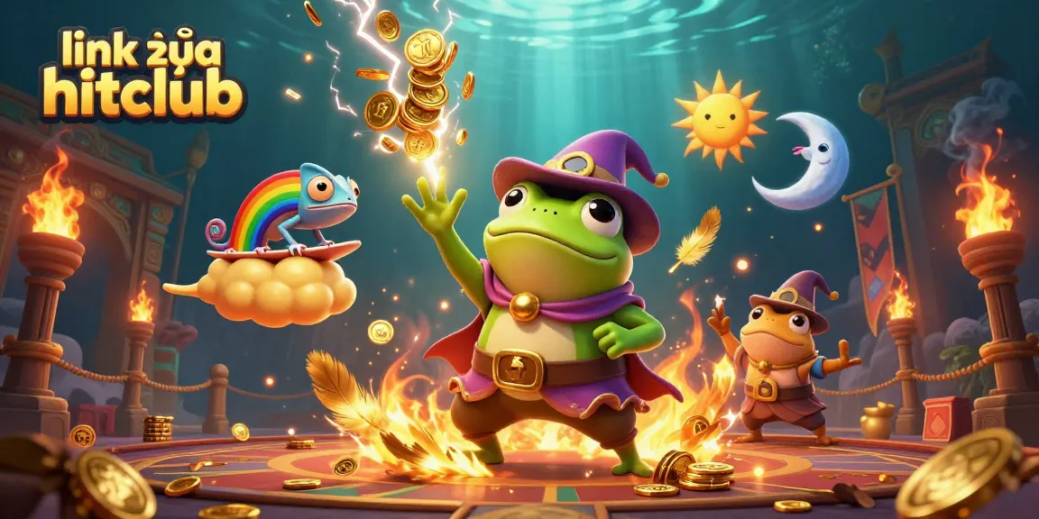Engage with link vào hitclub as a weather wizard frog conjures golden coins in a casino-themed scene.