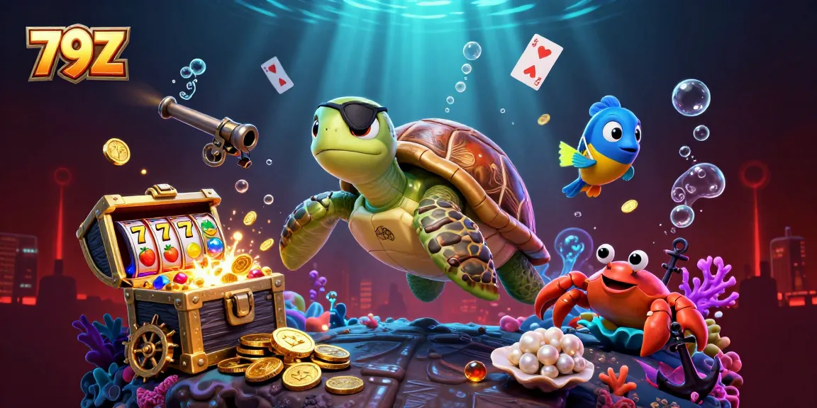 Experience thrilling gameplay with 79Z, featuring a vibrant underwater treasure scene packed with slot reels, colorful gems, and playful characters.