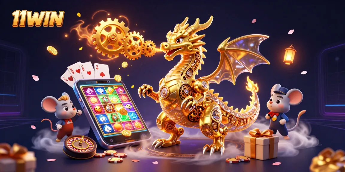 Engage with 11WIN for exhilarating slots and golden winnings in this vibrant 3D illustration.