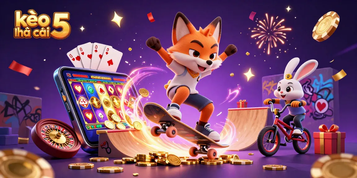 Experience thrilling kèo nhà cái 5 as a fox skater does a kickflip over golden poker chips, amidst casino excitement.