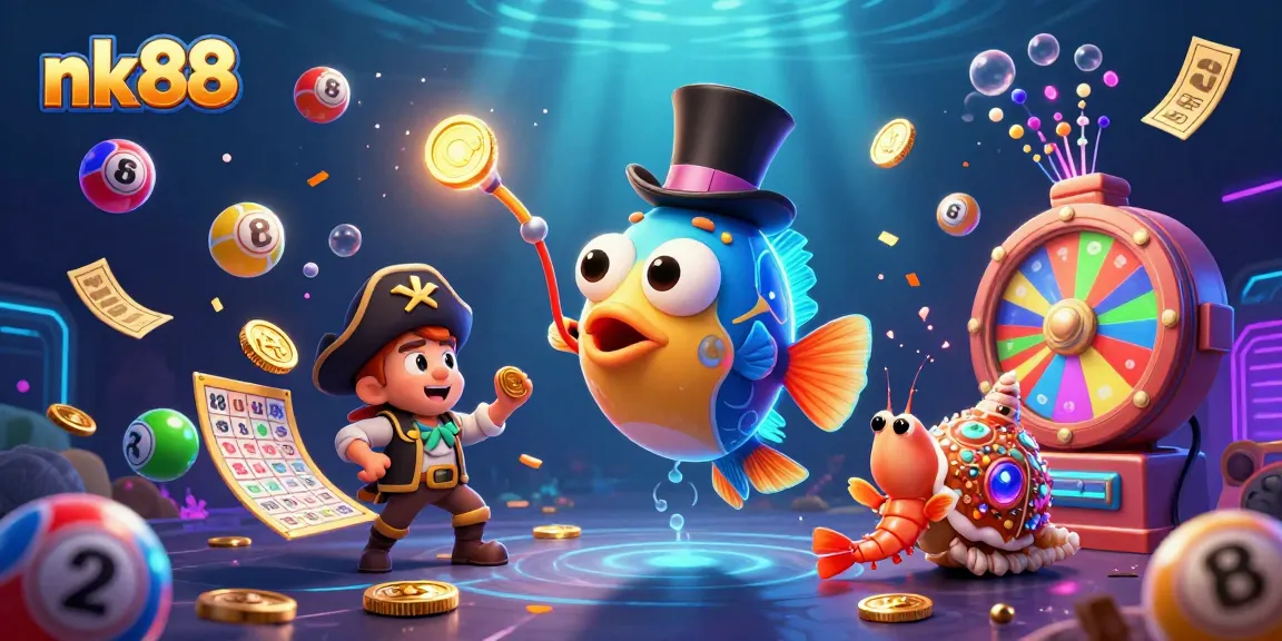 Navigating exciting prizes at nk88 with a glowing anglerfish, pirate shrimp, and jewel snail amidst lottery elements