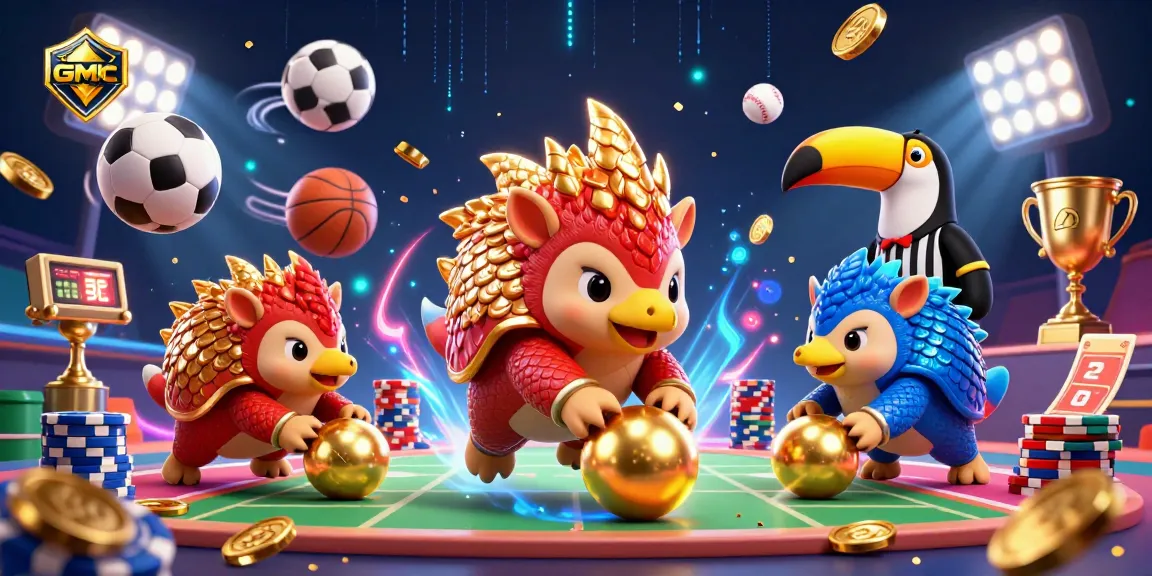 GMNC pangolins compete with golden balls and poker chips in a vibrant casino scene.