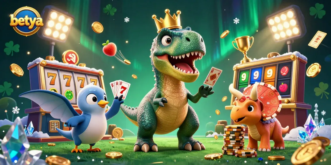 Experience the thrill of casino gaming with betya, featuring a playful T-Rex, card shuffling, and exciting slot elements.