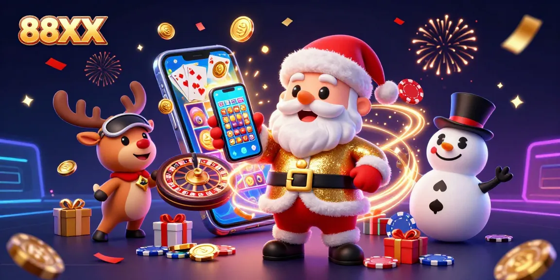 Spin the reels and win big with 88XX at this festive casino scene featuring Santa and friends.