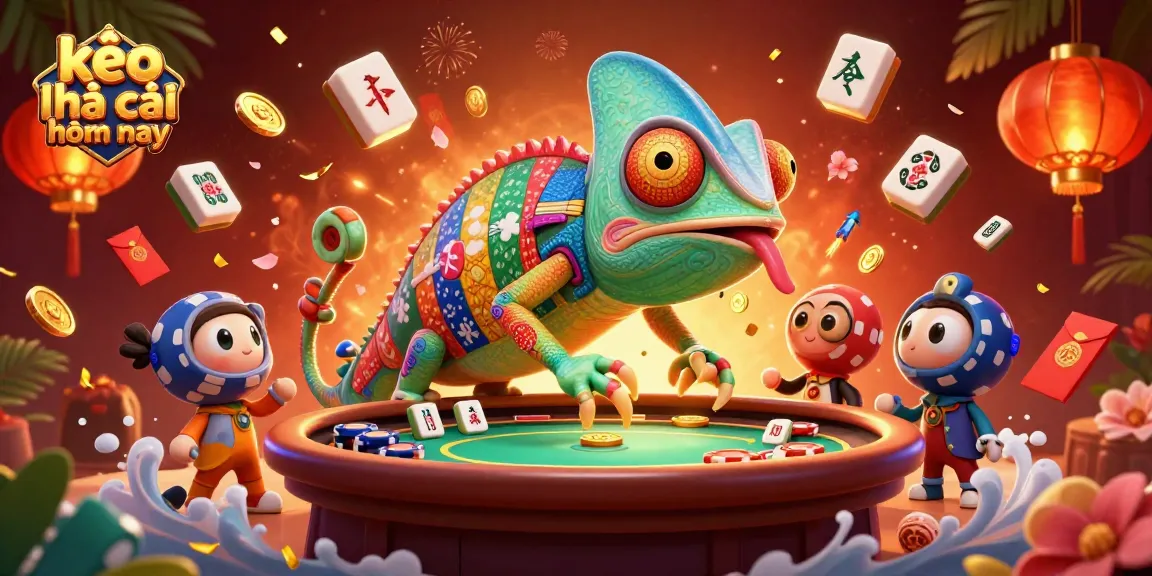 Engage with kèo nhà cái hôm nay in this vibrant casino scene featuring a chameleon owner and playful game elements.