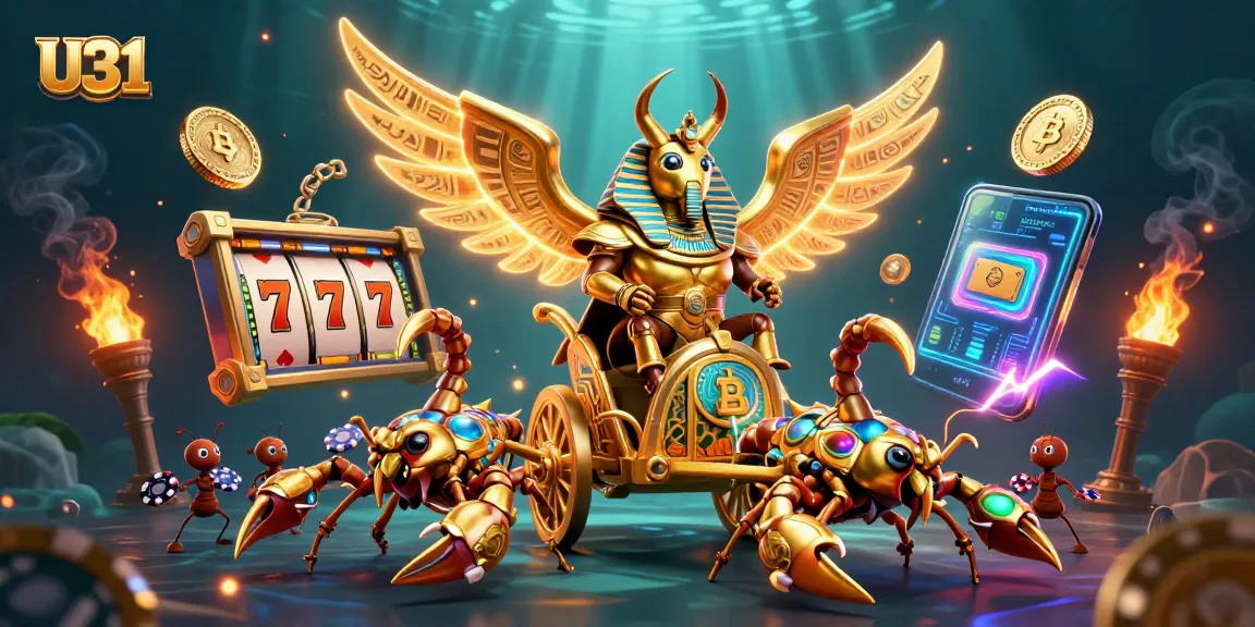 Engage with U31's thrilling casino experience; colossal golden beetle and scorpions amidst vibrant gaming elements.