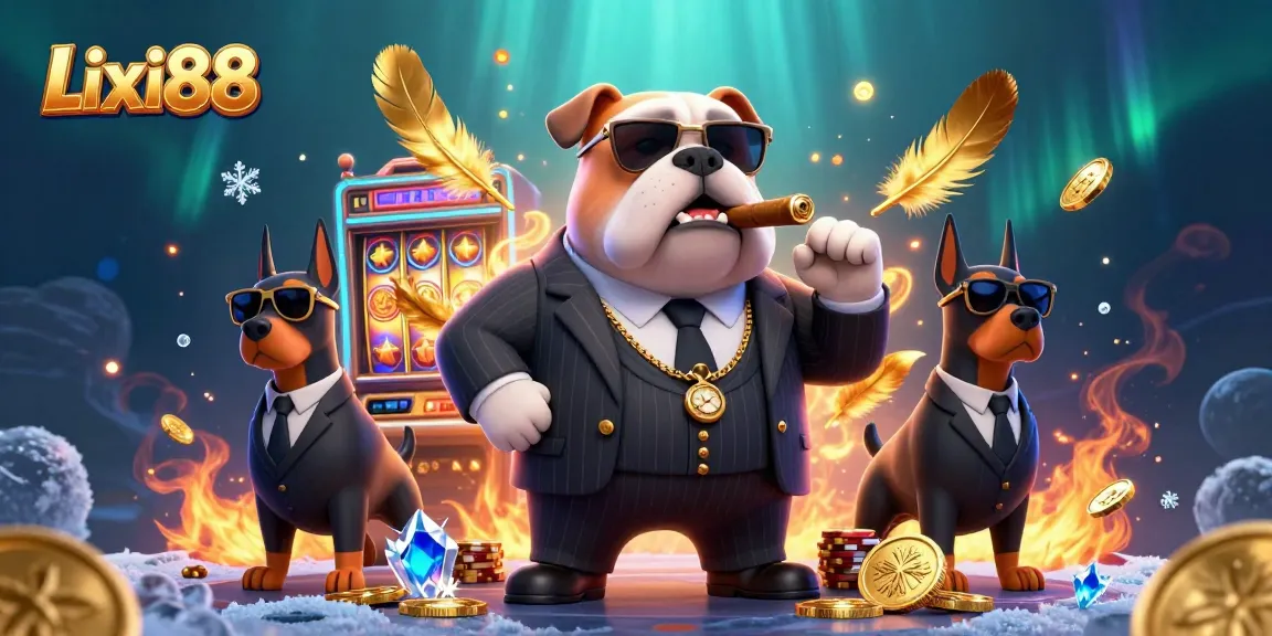 Experience thrilling gameplay at Lixi88 with a cartoon mafia boss and Doberman guards amidst vibrant casino elements.