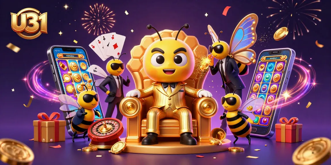Engage with exciting gameplay elements at U31, featuring colorful slot games, coins, and 3D characters.