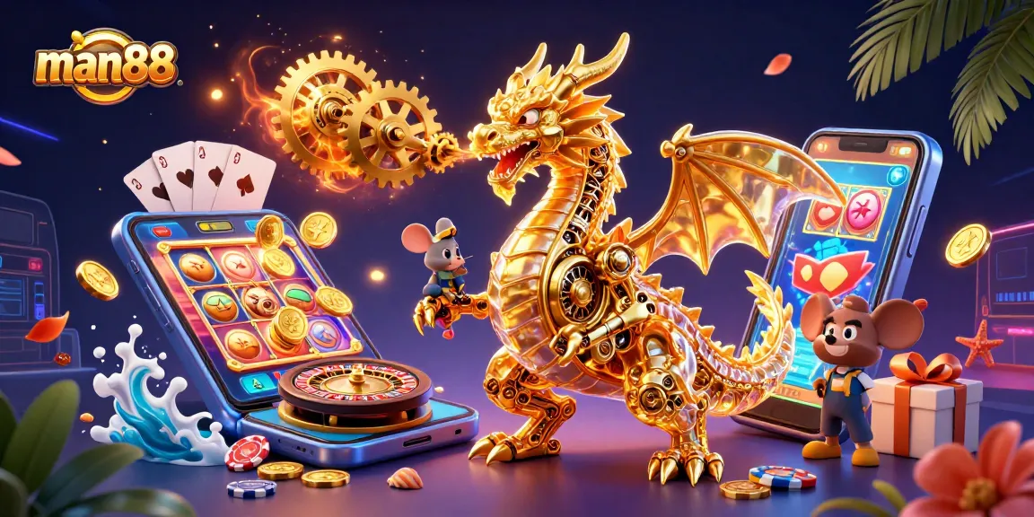 Experience the excitement of man88 with a detailed 3D dragon and vibrant casino elements.