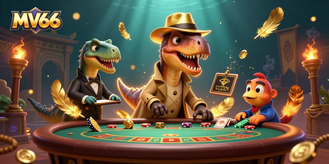 MV66 showcases a thrilling blackjack scene featuring a velociraptor card counter and vibrant casino elements.