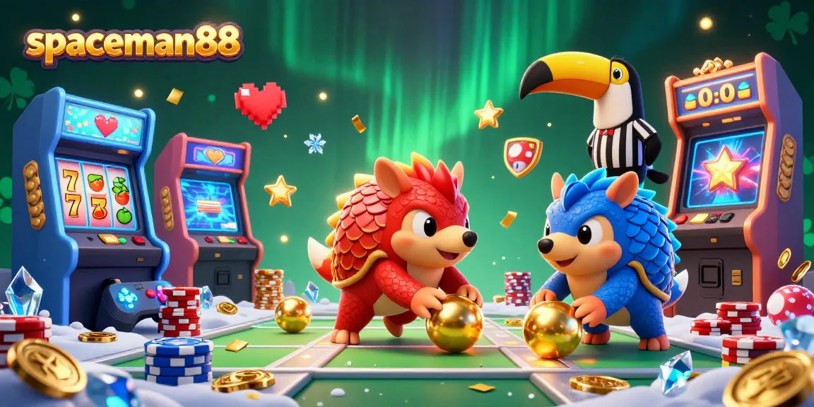 Engage with spaceman88 in a vibrant casino-themed illustration featuring rival pangolins enjoying arcade fun and slots.