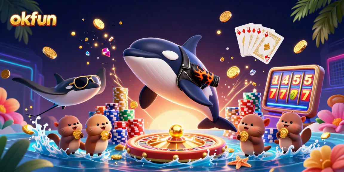 Experience thrilling gaming at okfun with cartoon orca, playful stingray, and otters amidst casino excitement.